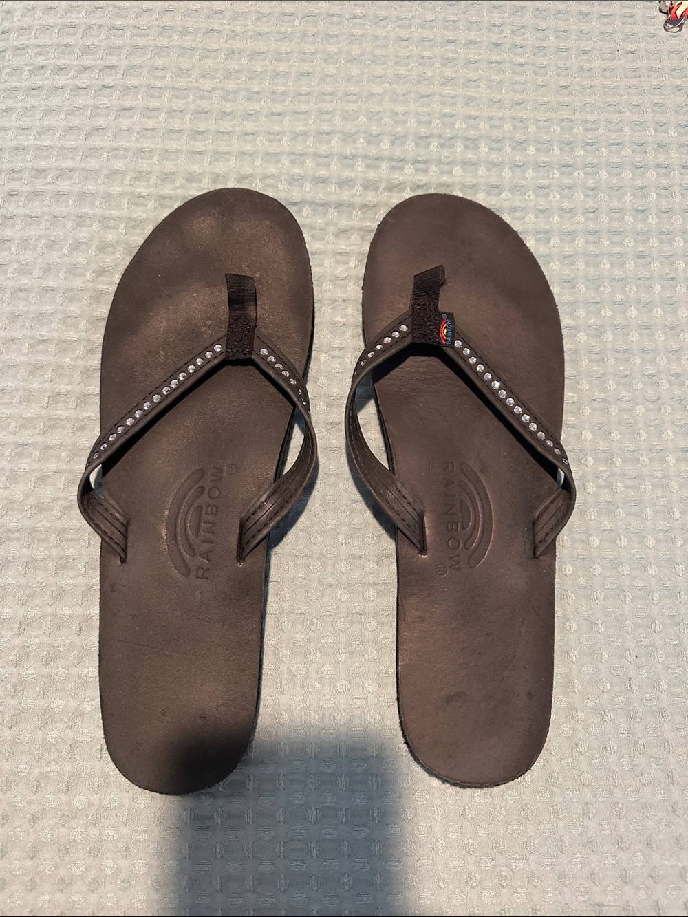 Rainbow Black Crystal-Trim Women's Flip Flops